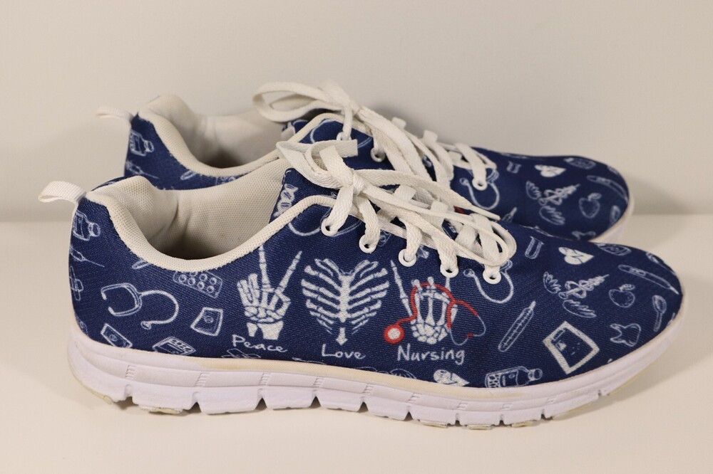 Size 12 Nursing shoes skelaton Blue White Halloween Peace Love Nursing Comfort